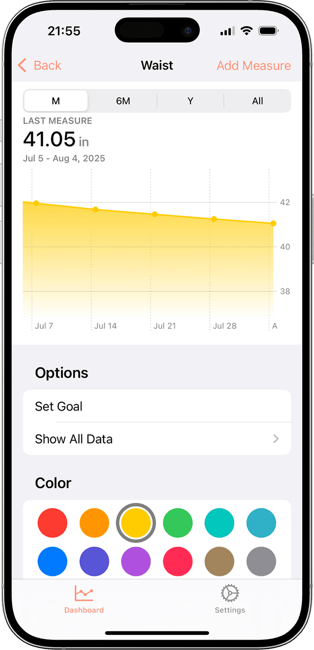My Body Measurement Tracker app progress charts displaying detailed fitness transformation data and body measurement trends over time